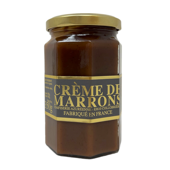 The 3 ingredients of this chestnut spread made in France - chestnut pulp, sugar &amp; natural extract of vanilla - makes it an ideal spread, not too sweet, on your toasts, crêpes: but also to garnish desserts like Christmas logs. Delicious mixed with French fromage blanc! Comes in a jar. Net weight: 350g