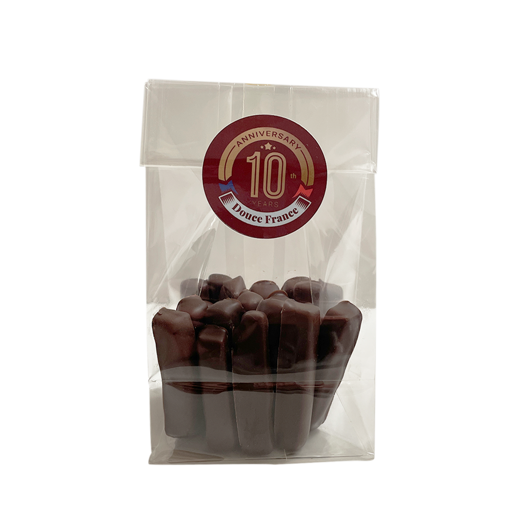 Bag of Chocolate Ginger Peels. Net weight 100g. 
