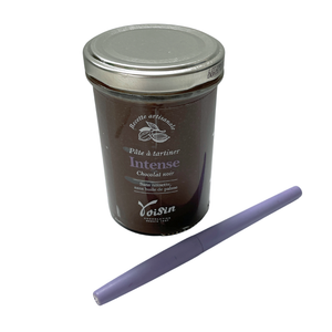 Jar of Voisin's intense dark chocolate spread with a pen on the side