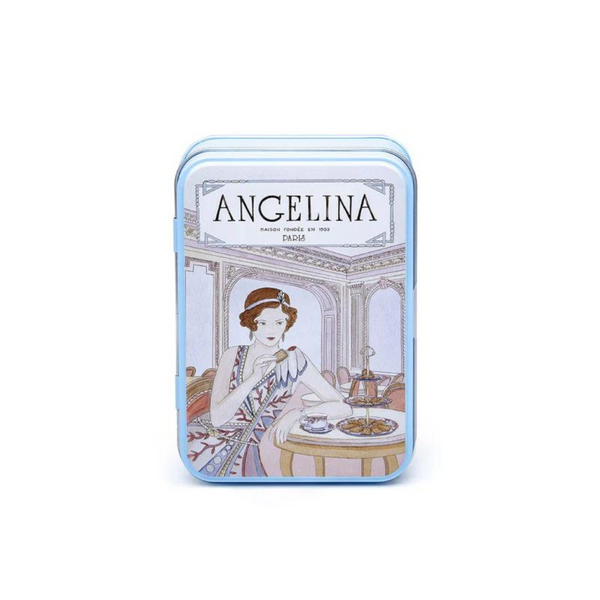 Angelina's crispy crêpes dentelle biscuits individually wrapped in golden paper in collector tin opened. Net weight: 70g