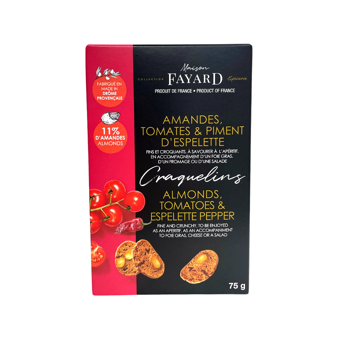 Box of Maison Fayard's Craquelins with almonds, tomatoes and Espelette pepper. Net weight: 75g