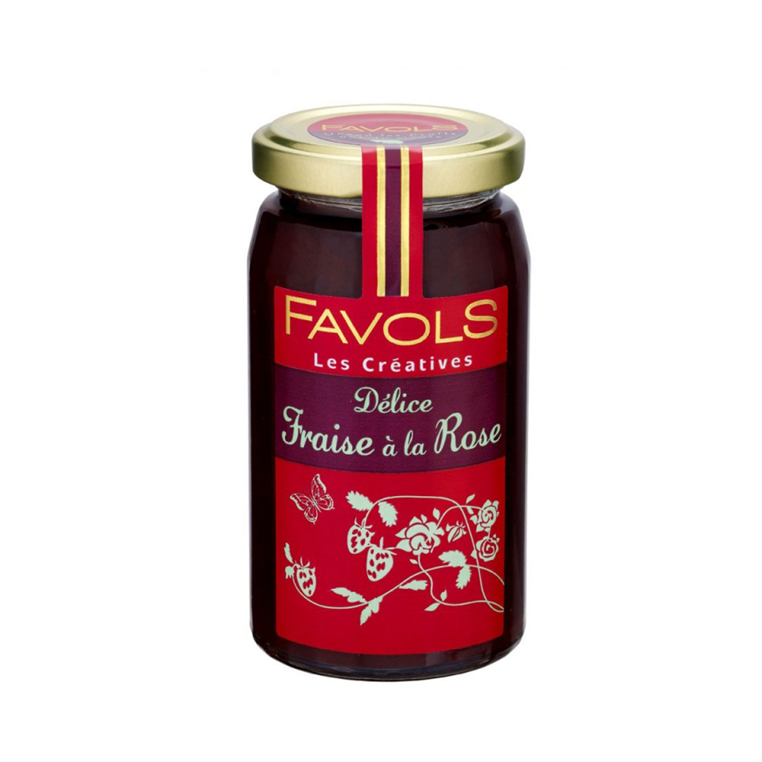 Just delicious! Favols' strawberry & petal of roses jam comes in a jar.  Net weight 260g. Contains cane sugar.