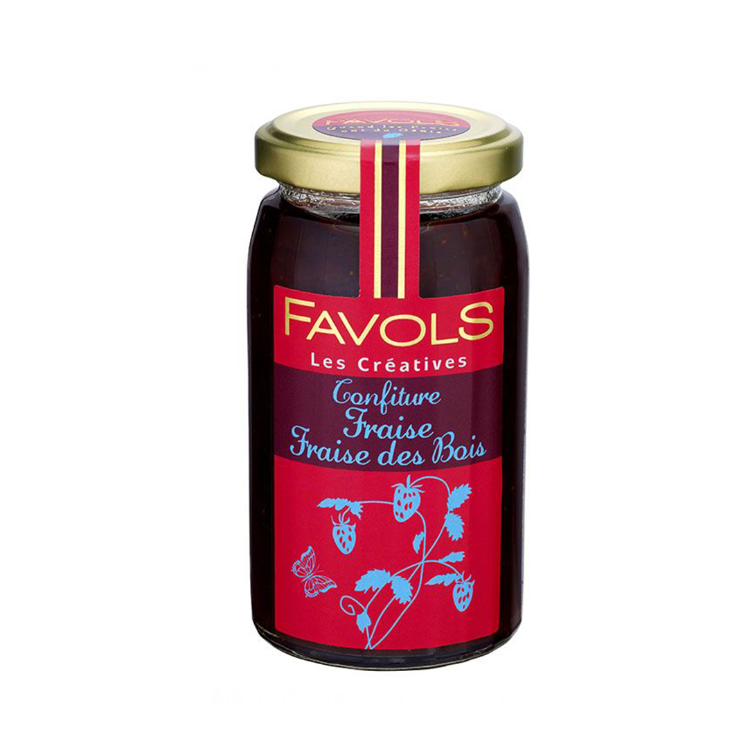 Original! Favols' strawberry & wild strawberry jam comes in a jar. Net weight 270g. Contains cane sugar.