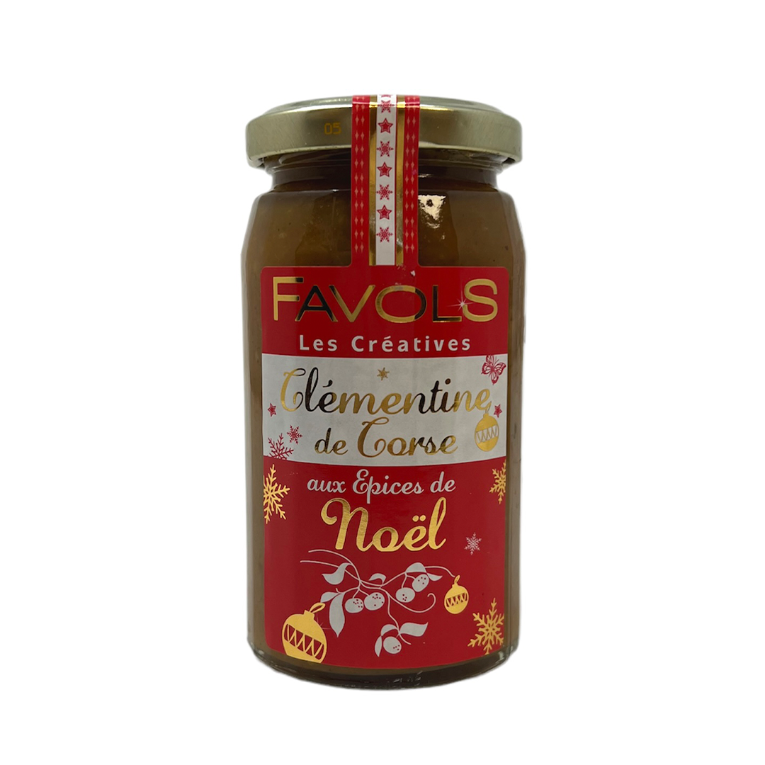 Favols' Christmas clementine jam is a nice combination with clementine from Corsica, apple, pain d'épices, cinnamon, nutmeg, ginger, anise. Contains gluten. net weight 260g. Contains cane sugar.  