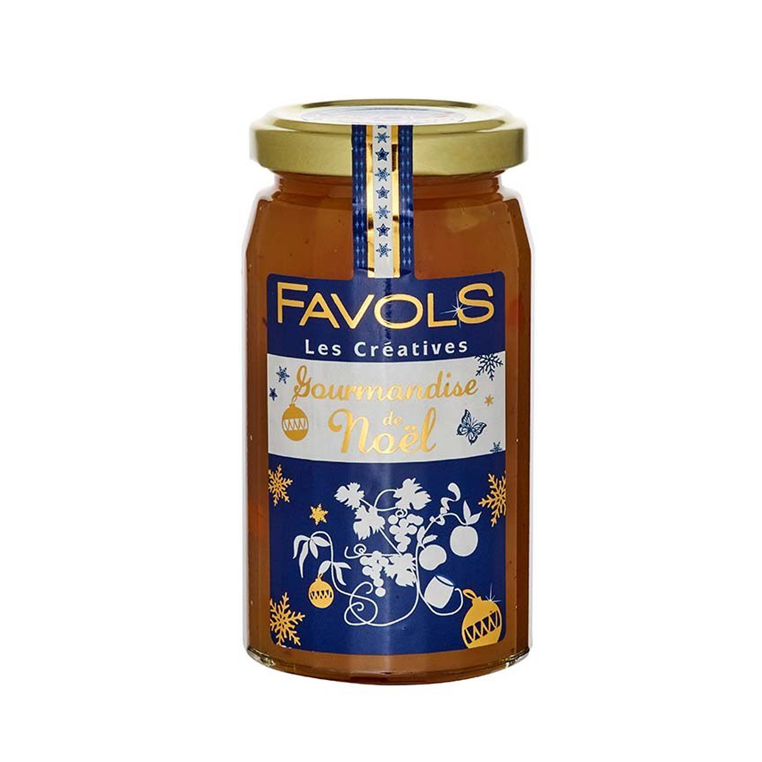 Favols' Christmas gourmandise jam is to die for.  It contains rum, candied orange peels, dry raisins, slivered almonds & cane sugar. Comes in a jar. Net weight 270g