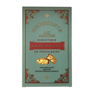 Box of Biscuiterie de Forcalquier's crunchy almond croquants cookies from Provence. Net weight: 180g