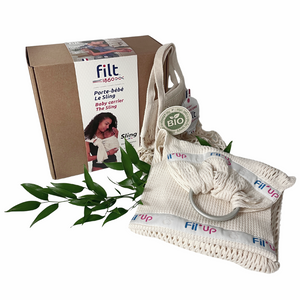Baby wrap sling with its 100% organic cotton bag and the box at the back
