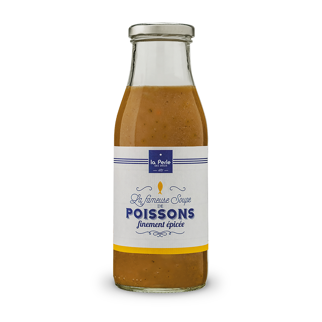 Bottle of La Perle des Dieux' finely spicy fish soup. Net weight: 700g