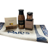 Dad, be Parisian for a Day gift set with the items it contains on top of the tea towel