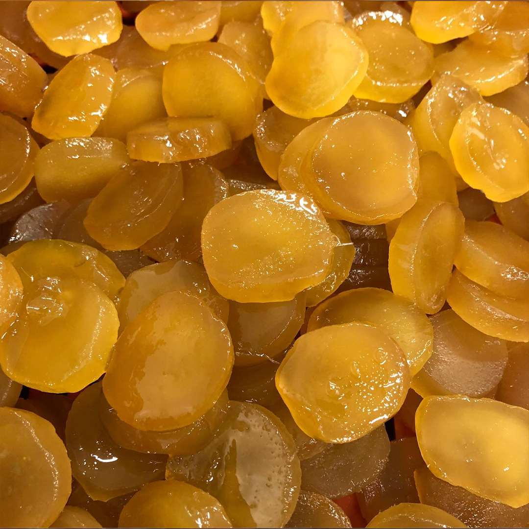 Freshly candied ginger slices at Corsiglia's workplace.