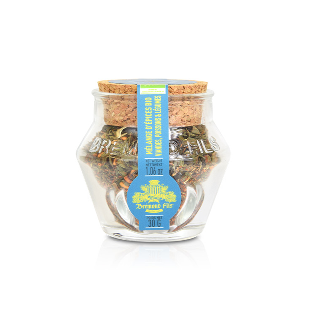A jar of Organic "Levant" Spices for Meat, Fish &amp; Vegetables. Net weight: 30g