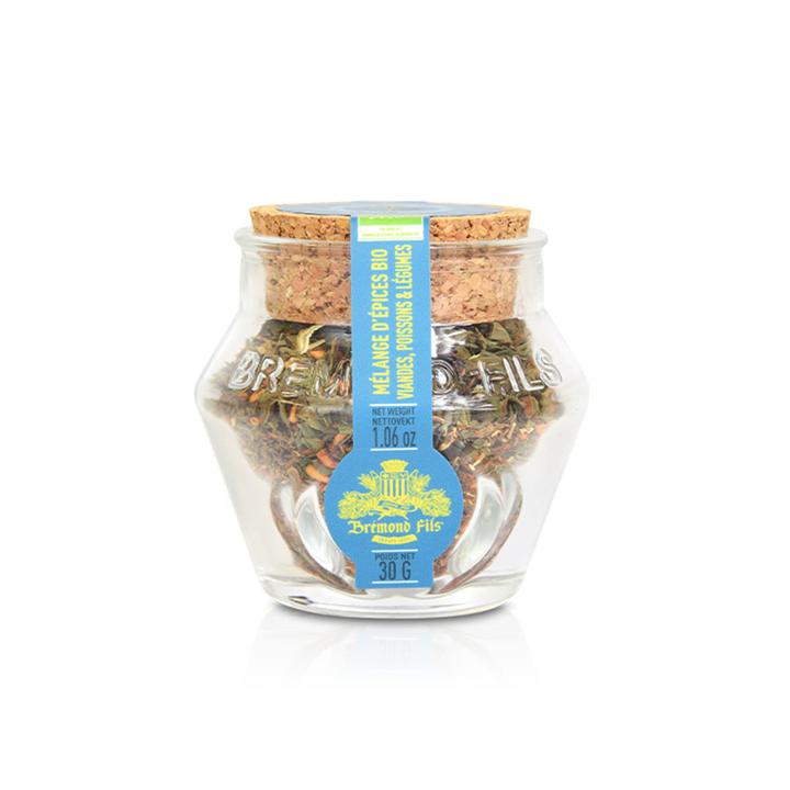 A jar of Organic "Levant" Spices for Meat, Fish &amp; Vegetables. Net weight: 30g