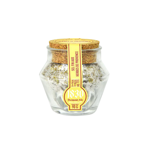 Refillable jar of Maison Bremond 1830's Camargue fleur de sel and salt with herbs of Provence. Net weight: 90g