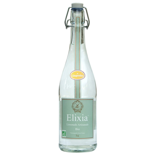 Bottle of Elixia organic lemonade with ginger. Net weight: 75cl