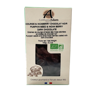 Box of Adam's gluten-free, nut-free & vegan, organic pumpkin seeds & dried Incan berries coated w/ dark chocolate. Decadent treats, very tasty & healthy. Net weight: 150g
