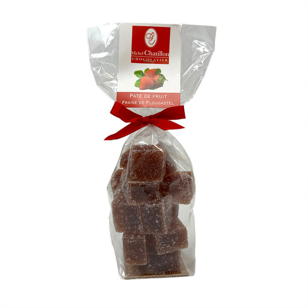 Bag of Michel Chatillon's Plougastel strawberry fruit jellies. Net weight: 200g