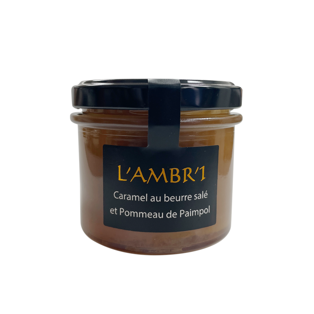Jar of l'Ambr'1 caramel spread with Pommeau from Paimpol. Net weight:  130g