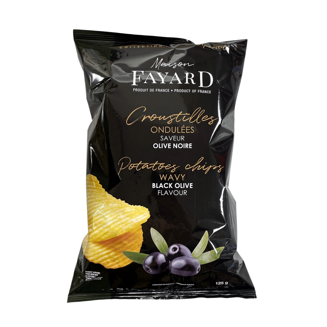 Bag of potatoes crisps with black olive flavour. Net weight: 125g