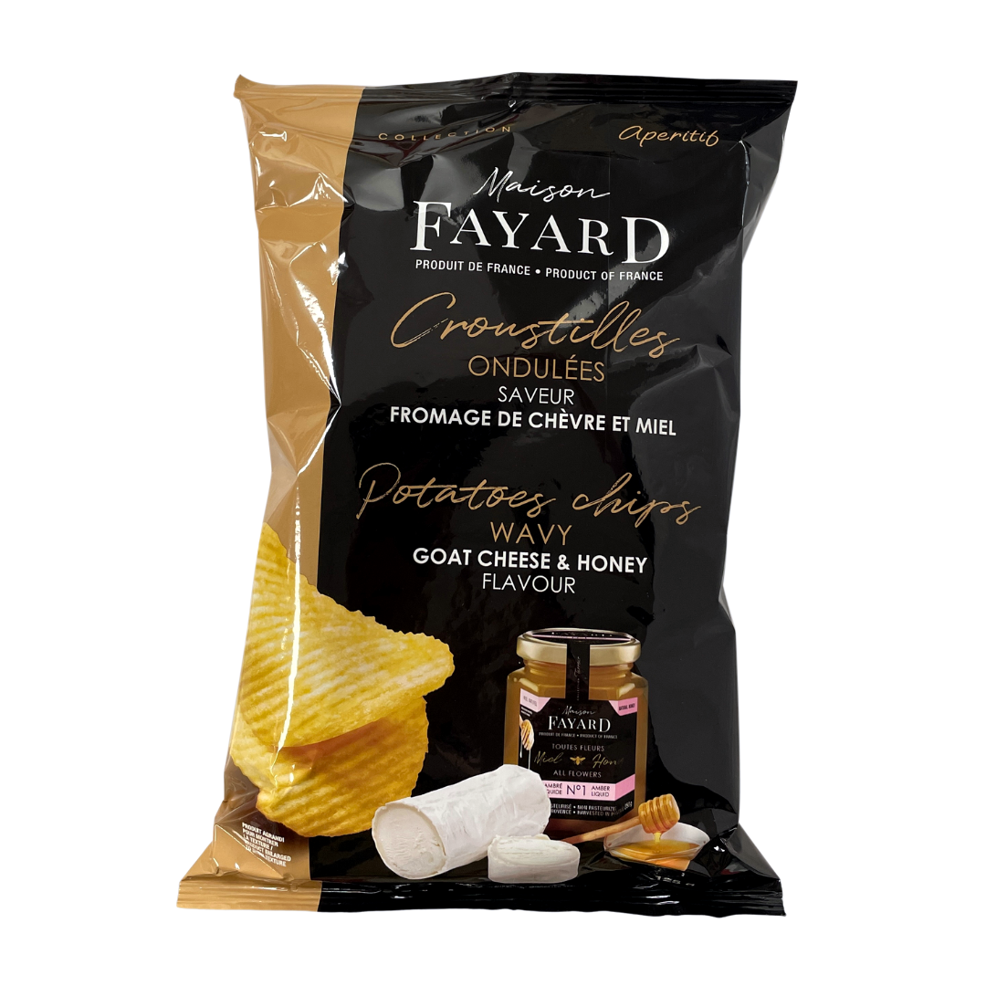 Bag of potatoes crisps with goat cheese & honey flavour. Net weight: 125g