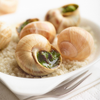 Cooked escargots de Bourgogne in shells on a plate.