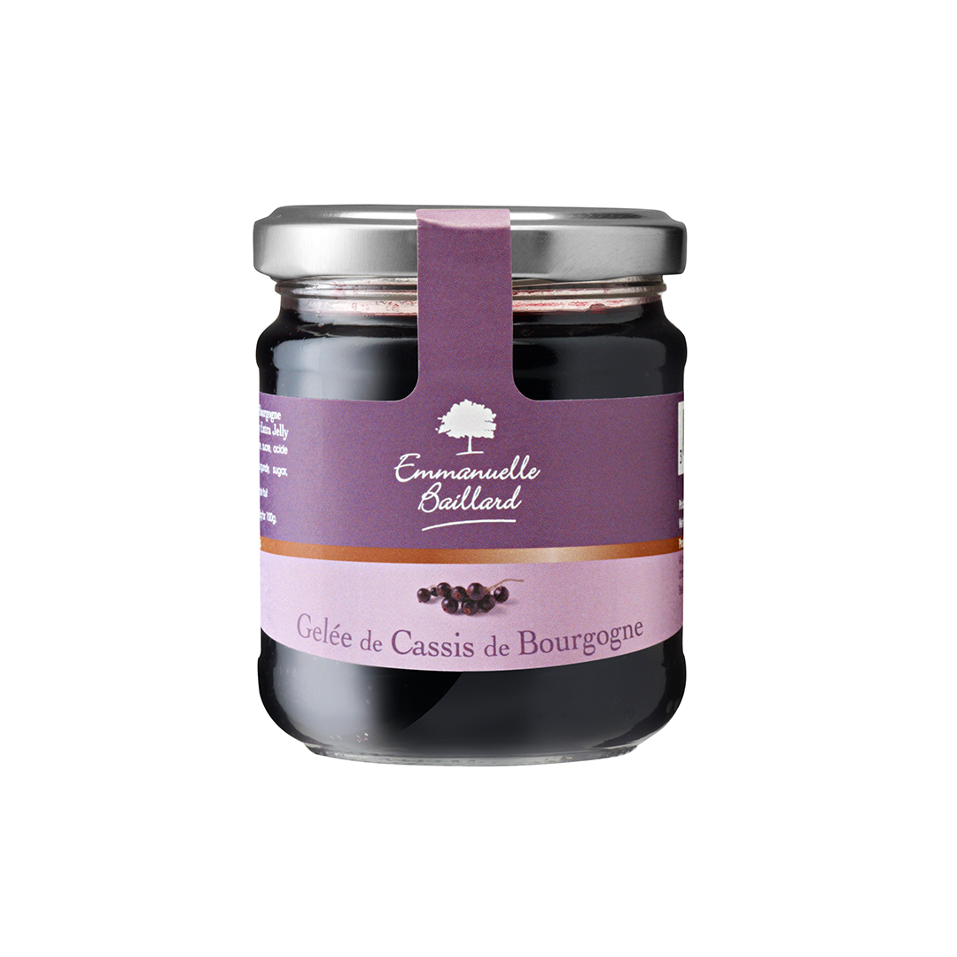 Blackcurrant jelly-jam made with the new harvest of the fruits grown in France, which makes a huge difference for the taste, flavour & texture. A minimum of sugar is added to balance the acidity of the fruit. You'll enjoy it on top of ice cream, added to yogurt; they will also be excellent spread on your sponge cake that you can then roll up and finish up with some icing sugar and fresh fruit: and, of course on pancakes, crêpes. Comes in a jar. Net Weight: 220g