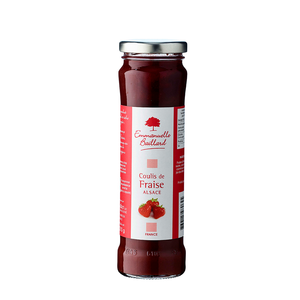 Emmanuelle Baillard's strawberry coulis comes in a jar. Net weight 210g. Get this pasteurized coulis to enjoy on top of ice cream, add to yogurt or pour on side or top of cakes. Made w/ the new harvest of the fruits grown in Alsace, France.
