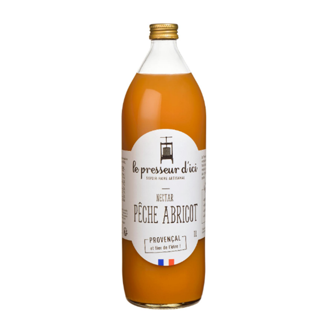 Bottle of Le Presseur d'Ici's peach & apricot nectar. Net weight: 1l.