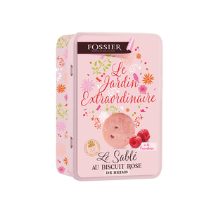 Tin of Fossier's raspberry sablés  made with Fossier's signature pink biscuit dough. Net weight: 330g