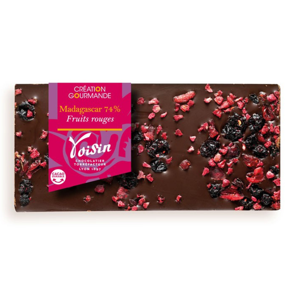 One vegan bar with red fruit flavour on a base of 78% Cuban origin chocolate