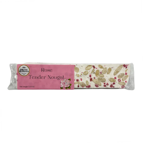 Jonquier's bar of white nougat with rose. Net weight: 125g