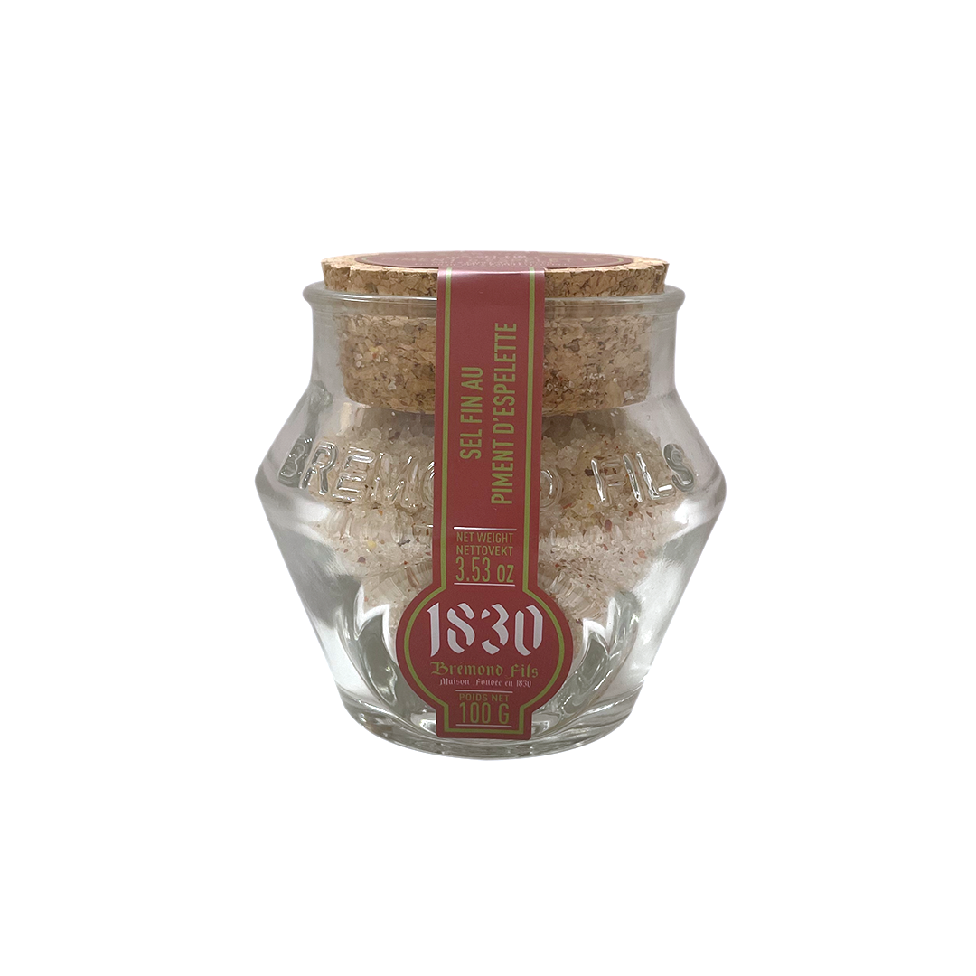 Refillable jar of Maison Bremond 1830's Camargue fleur de sel with PDO Espelette pepper. Net weight: 100g