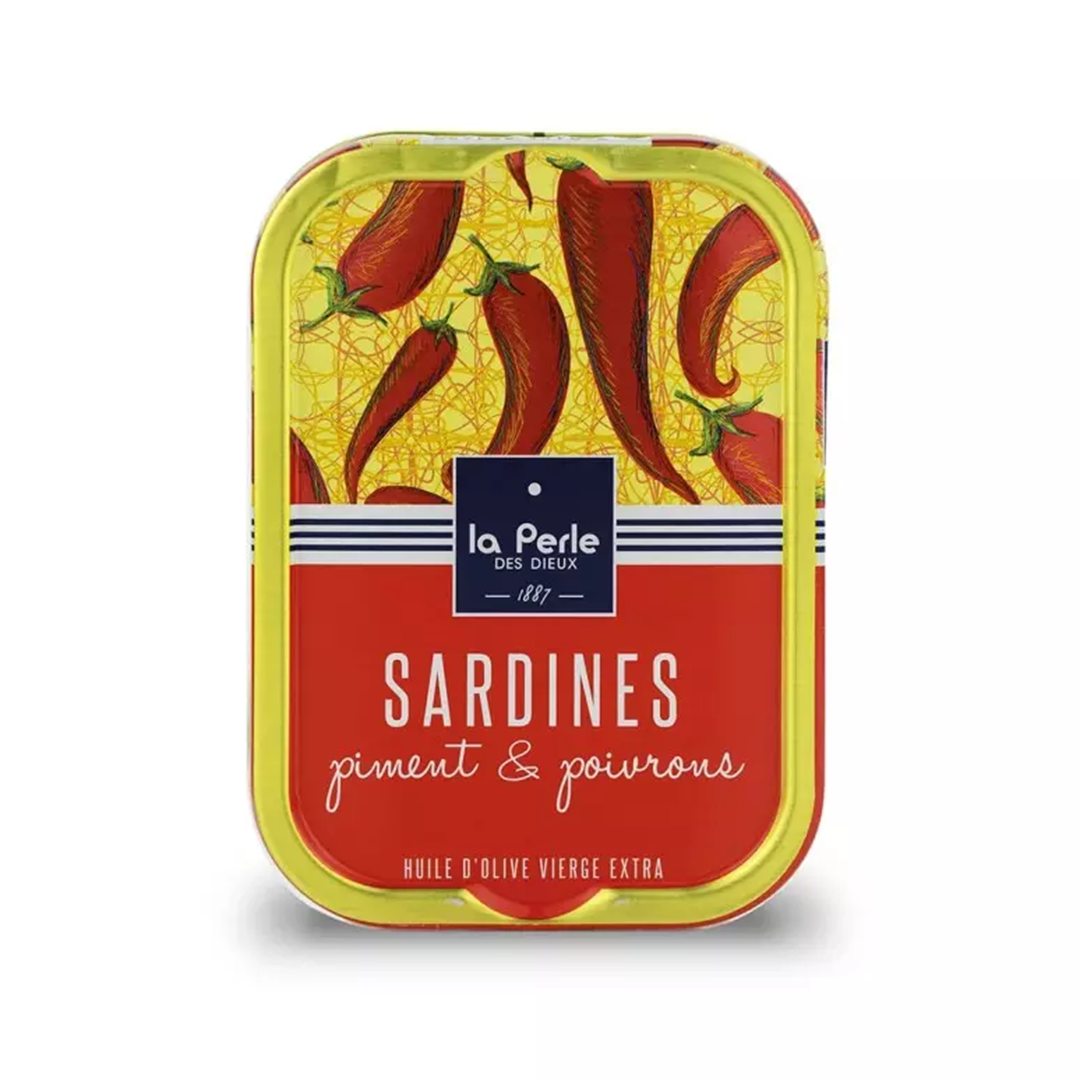 Tin of La Perle des Dieux' sardines with chili and red pepper. Net weight: 115g