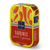 Side view of tin of La Perle des Dieux' sardines with chili and red pepper. Net weight: 115g