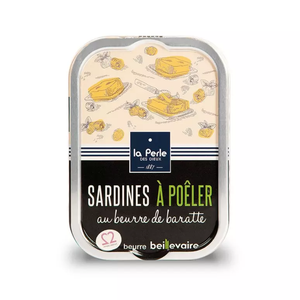 La Perle des Dieux' tin of sardines with churned butter to grill. Net weight: 115g