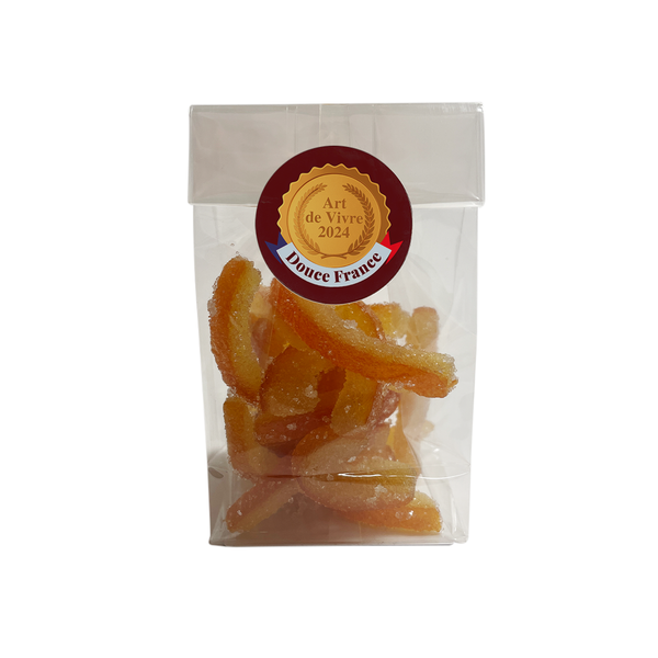 Bag of sugared orange peel. Net weight: 100g