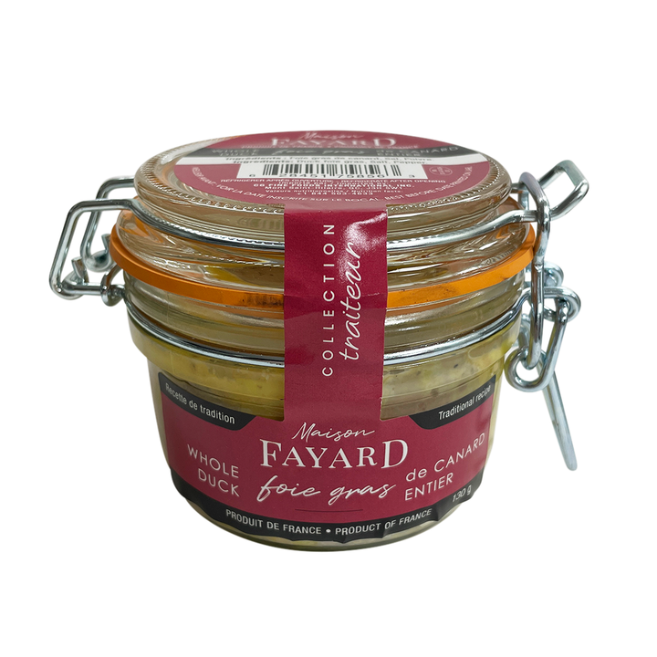 Jar of whole duck foie gras block. Net weight: 130g