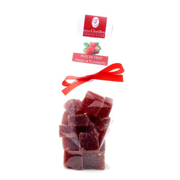 Bag of Michel Chatillon's Plougastel strawberry fruit jellies. Net weight: 200g