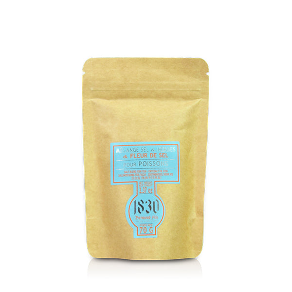 Refilling bag of Maison Bremond 1830's Camargue salts with herbs and spices for fish. Net weight: 90g