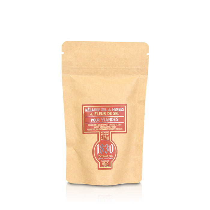 Refilling bag of Maison Bremond 1830's Camargue salts with herbs and spices for meat. Net weight: 90g