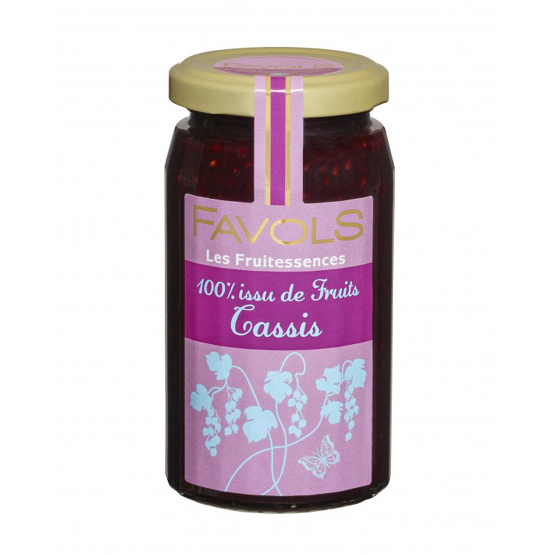 Favols' no-sugar-added 100% fruit blackcurrant jam, perfect for baking recipes, on toasts or crêpes! Cooked under vacuum at low temperature so as to preserve the fruit organoleptic characteristics, texture, taste & flavours! Comes in a jar - net weight 250g