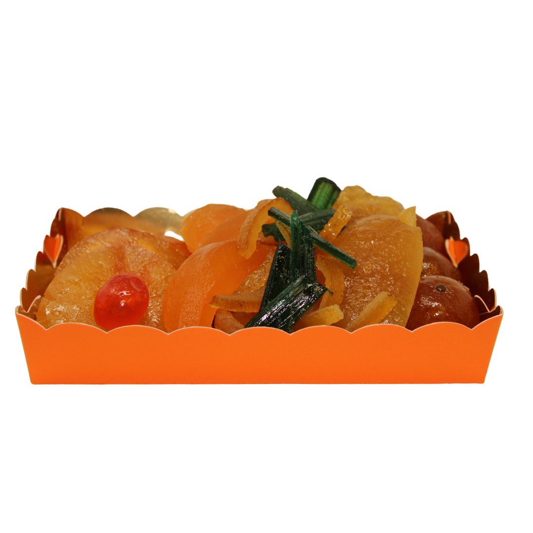 Large platter of  Léonard Parli's & Corsiglia's candied fruits including melon slices, pineapple, cherries, orange slices, angelica, lemon quarters from Menton, clementines, ginger & orange peels. About 675g