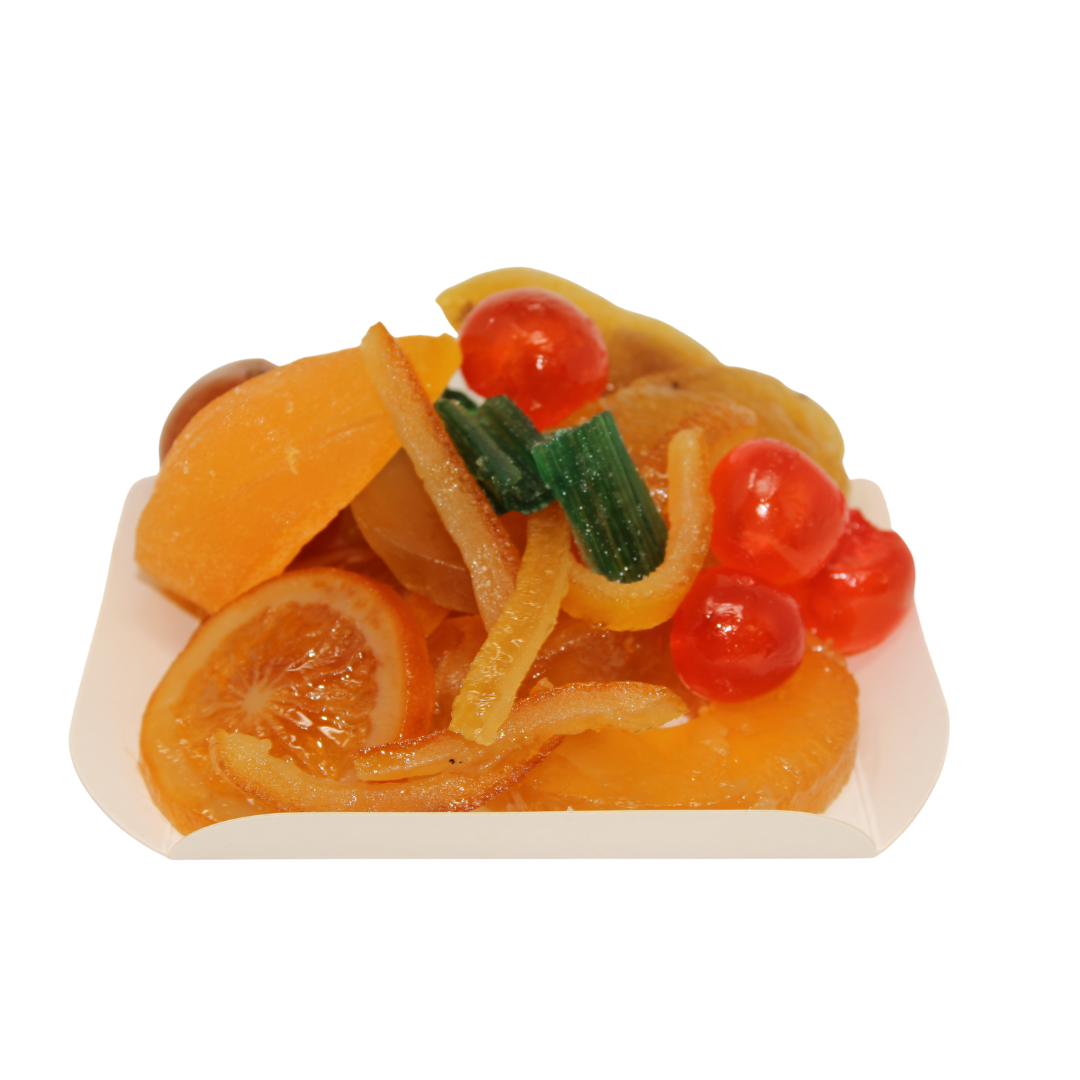 Medium platter of Léonard Parli's & Corsiglia's candied fruits including melon slices, pineapple, cherries, orange slices, angelica, lemon quarters from Menton, clementines, ginger & orange peels. About 360g