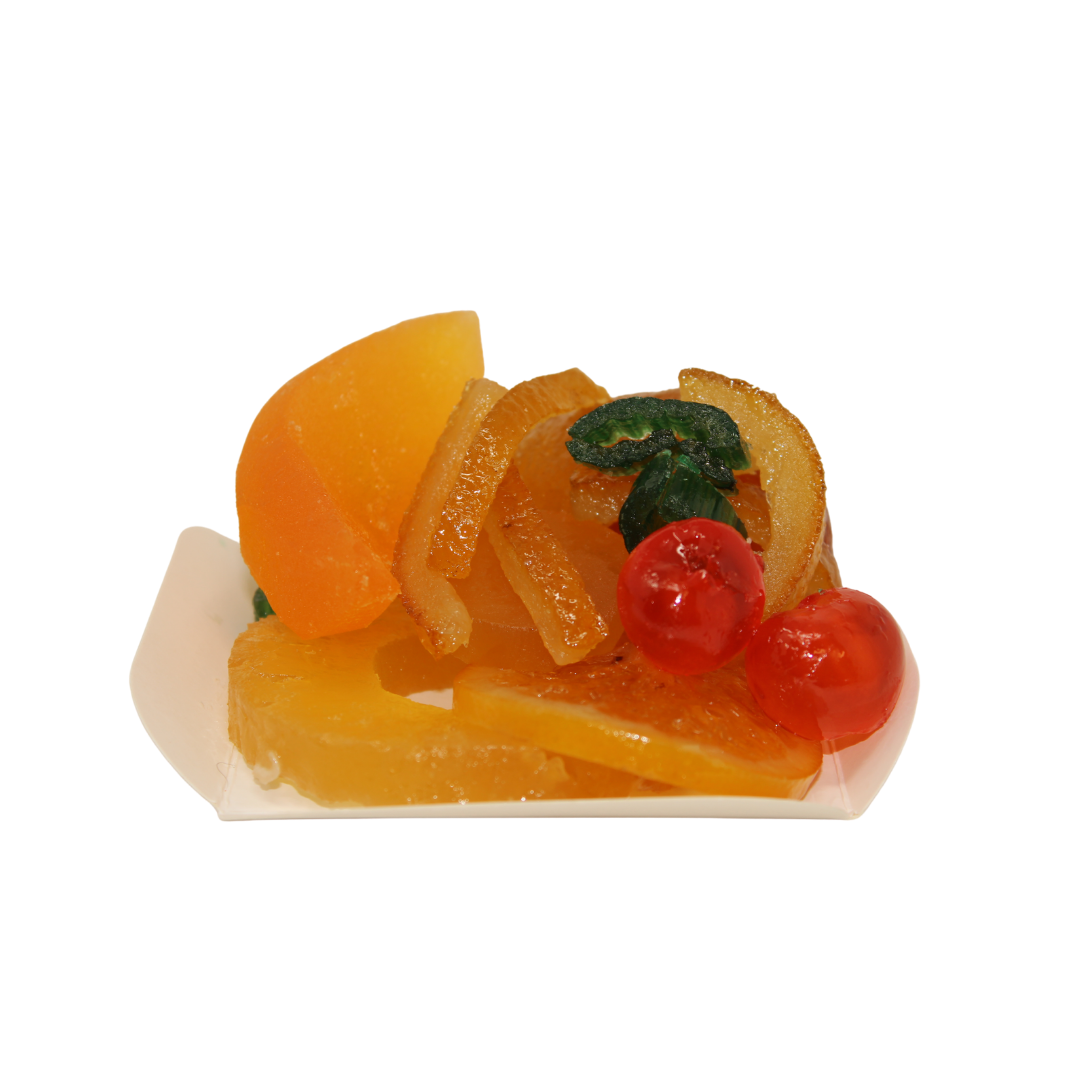 Small platter of Léonard Parli's & Corsiglia's candied fruits including melon slices, pineapple, cherries, orange slices, angelica, lemon quarters from Menton, clementines, ginger & orange peels. About 260g