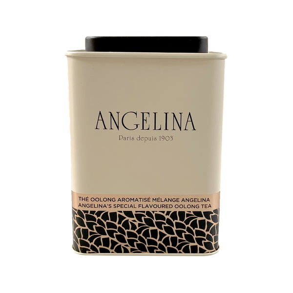 Tin of Angelina's special flavoured Oolong Tea. Net weight: 100g