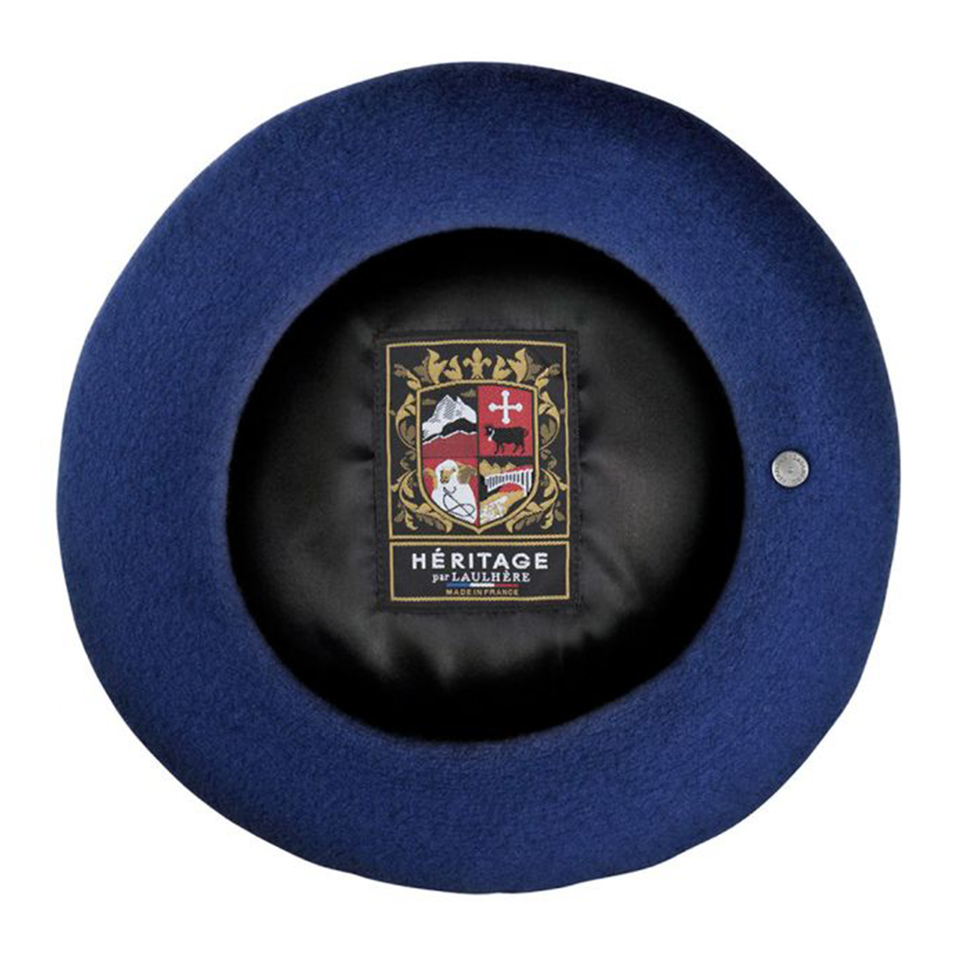 Inside view of Laulhère's 100% merino wool authentic beret - blue Laulhère