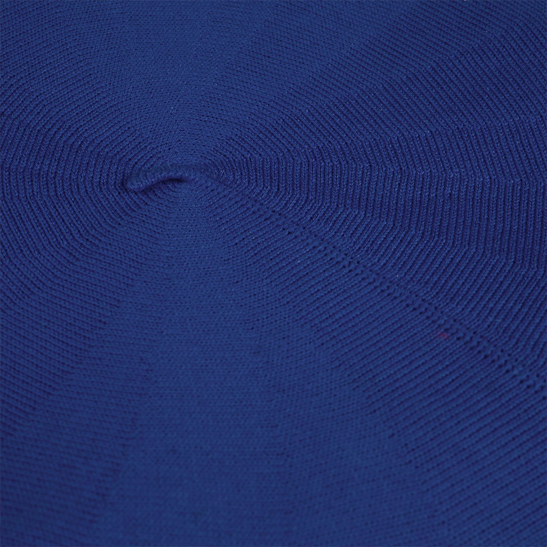 Close up of Laulhère's 100% cotton authentic summer beret - blue