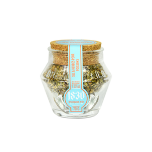 Refillable jar of Maison Bremond 1830's Camargue salts with herbs for fish. Net weight: 70g