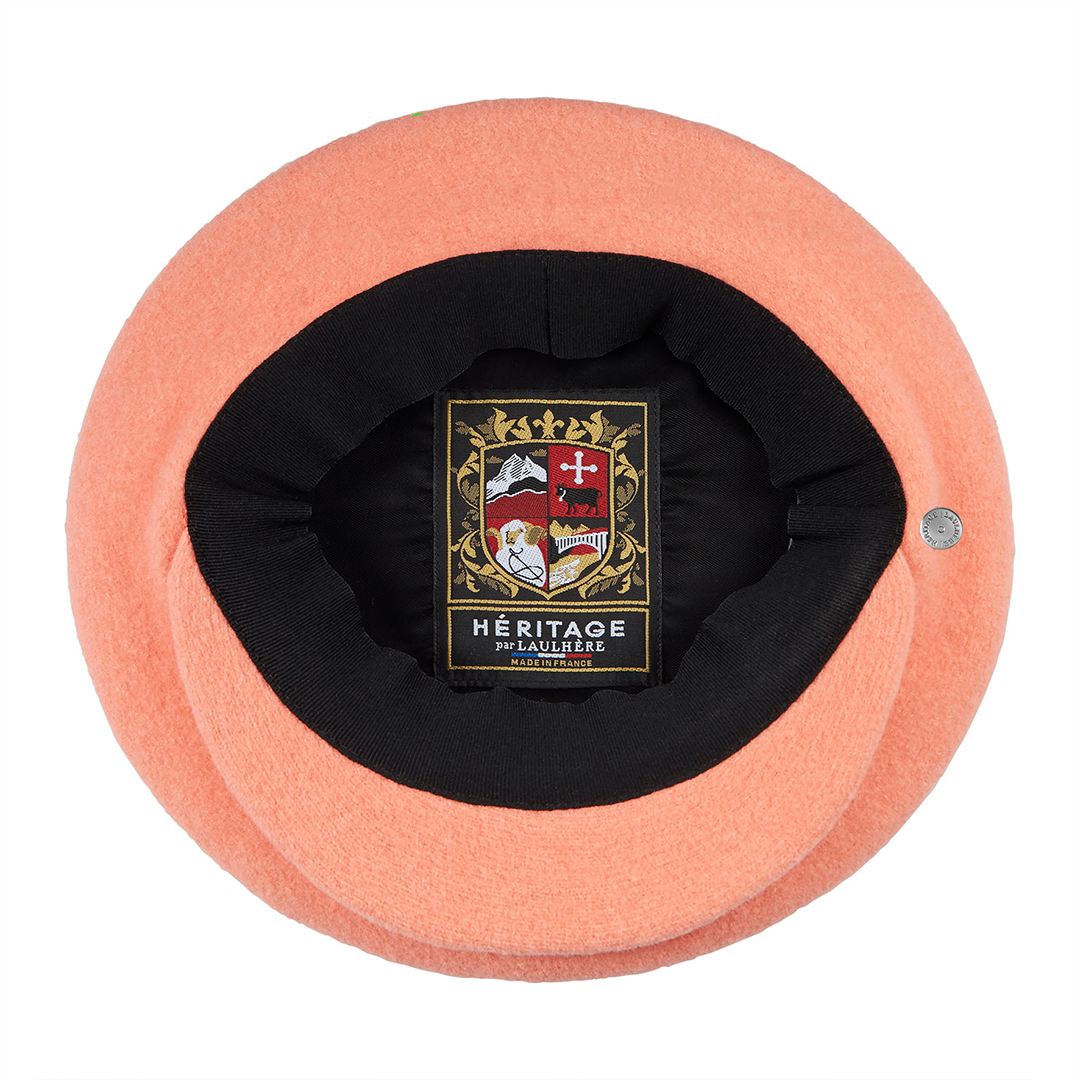 Inside view of Laulhère's 100% French merino wool Campus cap beret - sorbet