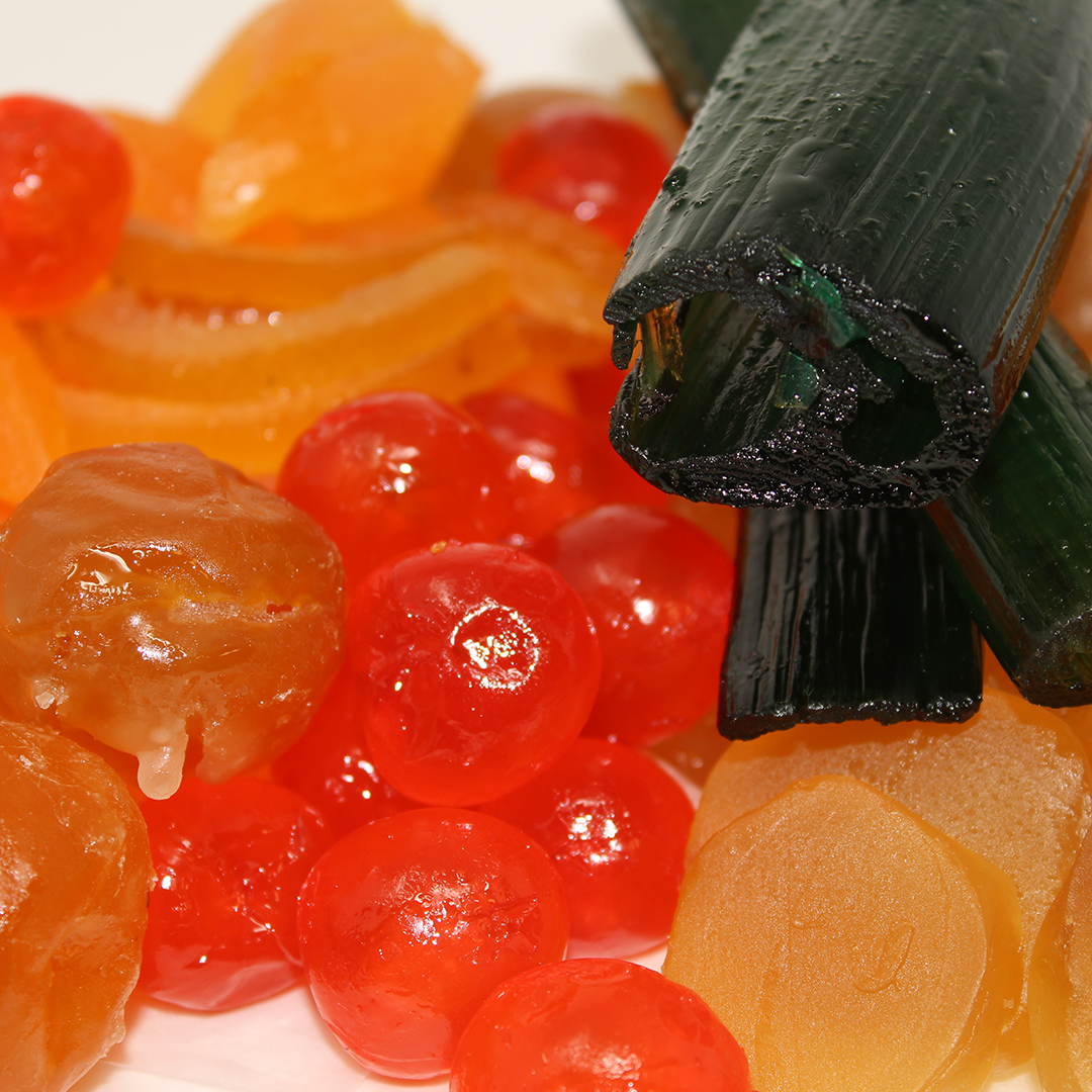A mix of candied fruits including angelica.