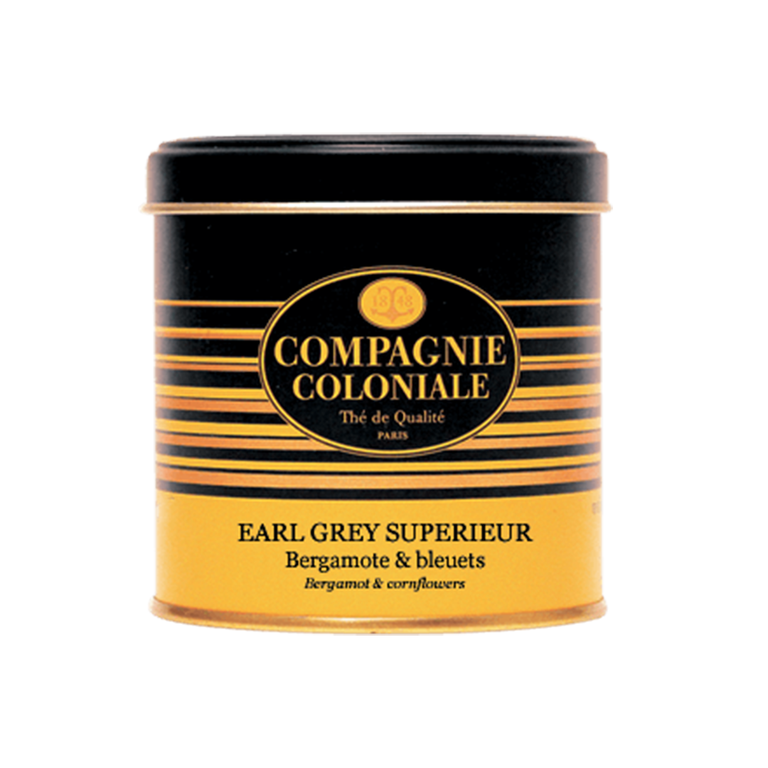 Tin of Compagnie Coloniale's Earl Grey Superior Tea. Net weight: 120g